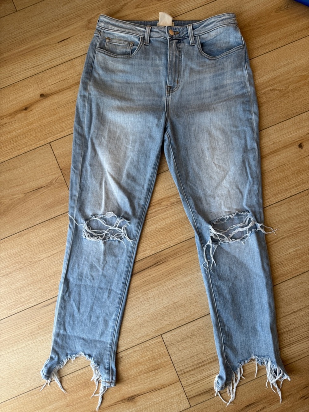L'AGENCE Light Blue Distressed Skinny Jeans with Frayed Knees